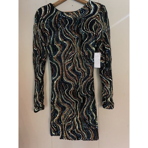 DRESS THE POPULATION Nathalia Long Sleeve Mini Sequin Swirl Retro Dress S NWT - Picture 4 of 9